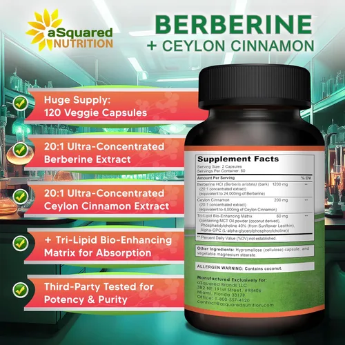 Miniatura 6 de aSquared Nutrition Suplemento de Berberina con Canela de Ceilán - Complejo de Máxima Potencia de 1400mg - 120 Cápsulas - Extracto en Polvo HCl