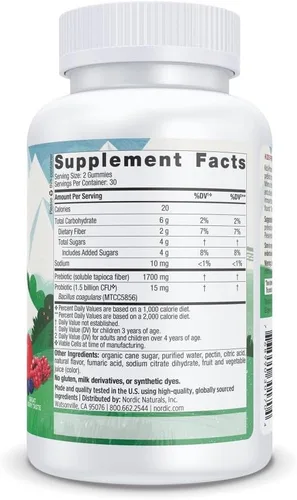 Miniatura 2 de Nordic Naturals Gomitas probióticas Kids Nordic Flora para niños, Merry Berry Punch - 60 gomitas - 1.5 mil millones de CFU y fibra prebiótica - sin