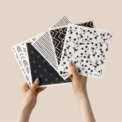 RECYCO Paños suecos para cocina | Paquete de 5 trapos geométricos lavables | Toallas de papel de limpieza reutilizables de celulosa | Paño