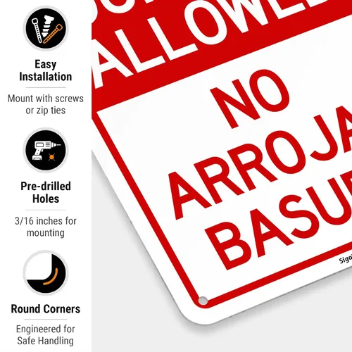 Miniatura 2 de No se permite el dumping No Arrojar Basura Bilingüe Sign, 10 x 7 pulgadas, aluminio 040 libre de óxido, fabricado en Estados Unidos por Sigo Signs