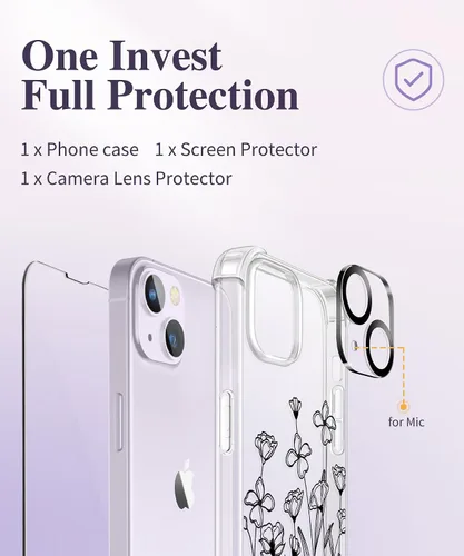 Miniatura 7 de GVIEWIN - Funda para iPhone 14 Floral, con protector de pantalla + protector de lente de cámara, [sin amarillamiento] funda protectora transparente