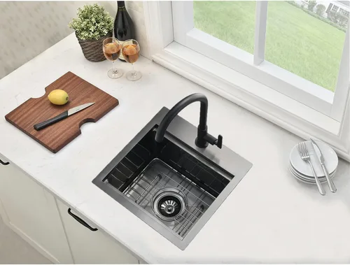 Miniatura 4 de Fregadero de Barra Negro Empotrable de 15x15 Pulgadas - Fregadero de Cocina Cuadrado Pequeño de Acero Inoxidable de Montaje Superior para Estación