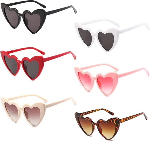 Paquete de 6 lentes de sol vintage con forma de corazón de ojo de gato para mujeres y niñas, lentes de sol retro a granel para despedida de soltera