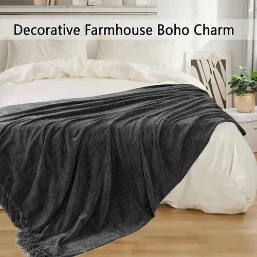 Miniatura 5 de Manta Chenille para sofá, 50" x 60", manta suave y acogedora con borlas de flecos para cama, sofá y silla, manta bohemia tejida ligera decorativa