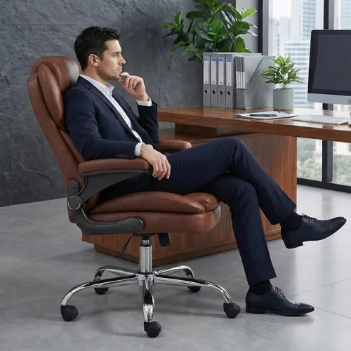 Miniatura 2 de Silla de escritorio de oficina, silla de oficina ejecutiva de cuero, silla de escritorio ergonómica de respaldo alto con brazos abatibles Marrón