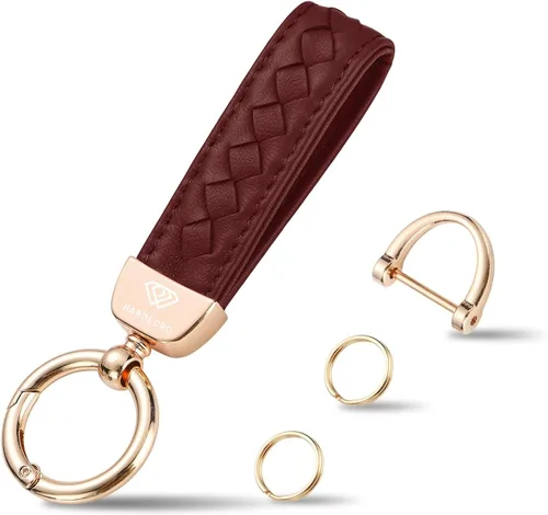 Miniatura 17 de Hamdecro Llavero de cuero genuino para automóvil, llaves de oveja tejidas a mano para mujeres, soporte universal para llavero con rotación de 360