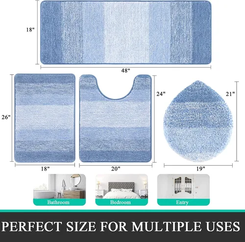 Miniatura 2 de Bsmathom Juego de 4 alfombras de baño, alfombras de baño de microfibra suave y absorbente con alfombra de contorno en forma de U para inodoro y Azul