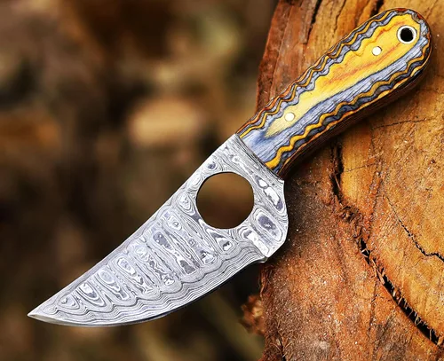 Miniatura 6 de Ancilla - Cuchillo de caza de Damasco hecho a mano para EDC, camping, venado, cuchillo de bolsillo mini con tanga completa, hoja fija, estilo Exotic