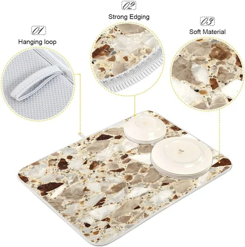 Miniatura 4 de Beige and Brown Marble Print Dish Drying Mat for Kitchen Counter Super Absorbent Drying Mat 16x18 inch Large Dish Drying Matts for Countertop