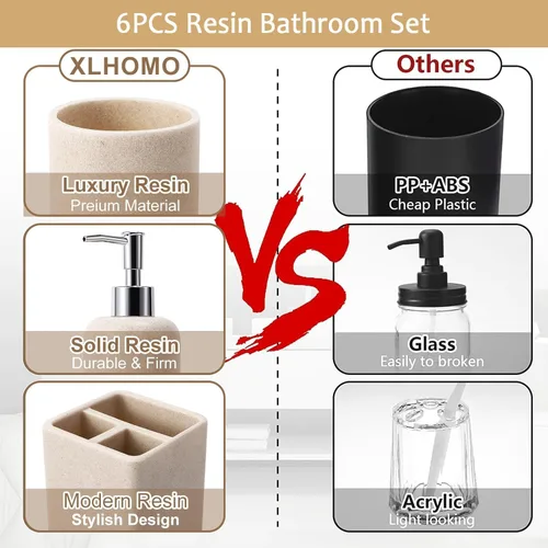 Miniatura 3 de Juego de baño de resina de 6 piezas color beige completo con soporte para cepillos de dientes, dispensador de jabón de loción, 2 dispensadores