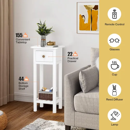 Miniatura 4 de Harmony-Furniture - Mesa auxiliar estrecha, mesita de noche alta con cajón y estante, mesita de noche pequeña con dispositivo antivuelco, sin