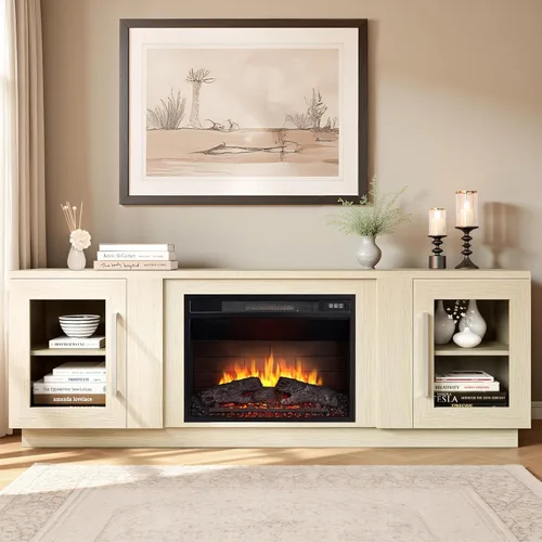 Miniatura 8 de Cheerway Soporte de TV con chimenea 3D para televisores de hasta 65 pulgadas, mesa de centro de entretenimiento multimedia de madera y gabinetes