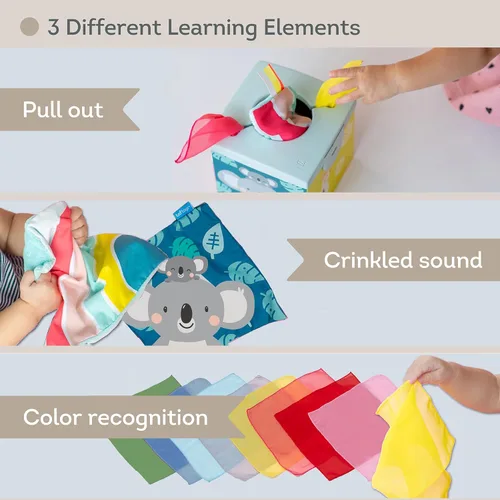 Miniatura 7 de Taf Toys Caja de Pañuelos Sensoriales Arrugados para Niños Pequeños. Juguete STEM Montessori con Pañuelos Suaves Coloridos y Mantitas Crujientes