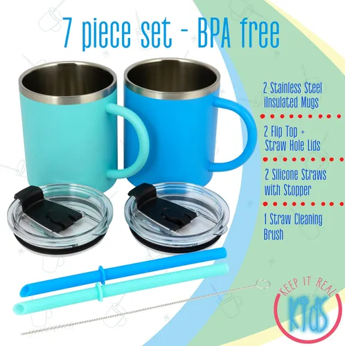Miniatura 6 de Real Deal Steel "Keep it Real Kids Mugs - Taza de café para niños 100% sin plomo y BPA para chocolate caliente - Juego de 2 Azul océano/azul turquesa