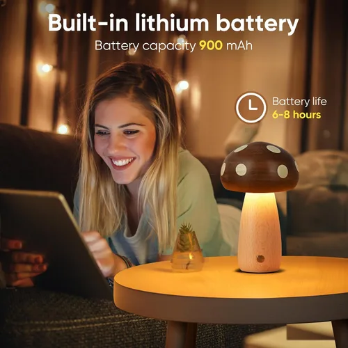Miniatura 5 de LONRISWAY Paquete de 2 lámparas de mesa LED de madera con forma de hongo, lámparas pequeñas recargables inalámbricas táctiles, luz nocturna