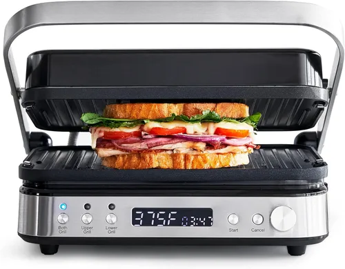 GreenPan Parrilla Eléctrica para Interior de Acero Inoxidable 6 en 1 y Plancha, Antiadherente de Cerámica Saludable, Placas Reversibles Aptas para