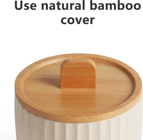 Miniatura 3 de Recipiente de sal con tapa de bambú, cuencos de cerámica de gran capacidad de 14 onzas, caja de pimienta, recipiente de condimentos de esmalte Crema