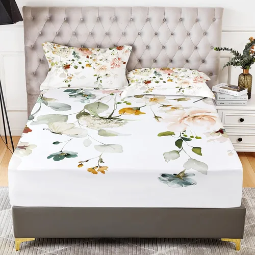 Miniatura 22 de YIYEA Sábana bajera con estampado floral y funda de almohada, sábana bajera ajustada de microfibra cepillada doble premium, bolsillo profundo de 16