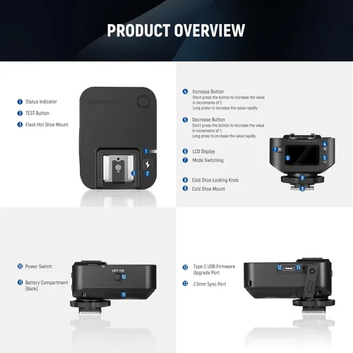 Miniatura 9 de NEEWER Receptor flash inalámbrico QR 2.4G para NEEWER QPRO-C, QPRO-N, QPRO-S, contacto único con puerto de sincronización de 0.098 in, zapatos