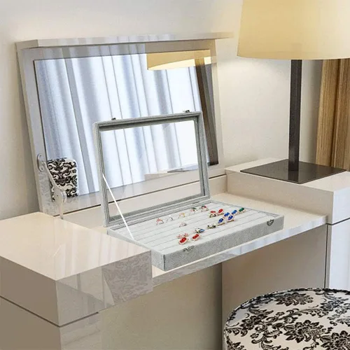 Miniatura 7 de Stylifing Organizador de aretes de anillo con tapa transparente de 7 ranuras, bandeja de joyería, organizador de cajones con cerradura para novia