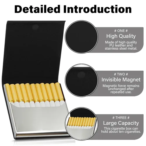 Miniatura 3 de Caja de cigarrillos de cuero delgada portátil para sostener 10 cigarrillos de tamaño regular - Caja de cigarrillos de cuero de acero inoxidable