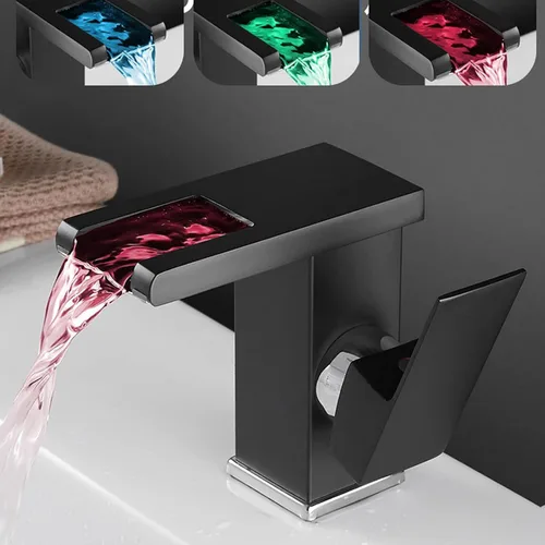 Miniatura 3 de Grifo de baño con luz LED RGB, boquilla de cascada, color negro, 3 colores cambiantes, mango de un agujero, conjunto de drenaje a juego