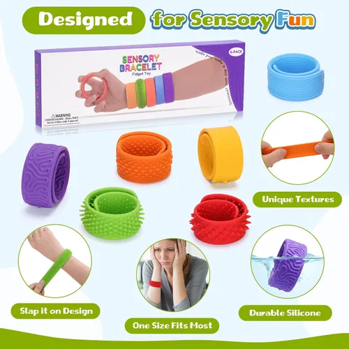 Miniatura 3 de 6 pulseras antiestrés para niños y adultos, pulseras de silicona texturizada, juguetes sensoriales para autismo, ansiedad, TDAH, calma