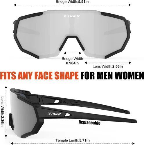 Miniatura 7 de X-TIGER Gafas de sol polarizadas para deportes con 5 lentes intercambiables, gafas de ciclismo para hombres y mujeres, para béisbol, correr, pesca