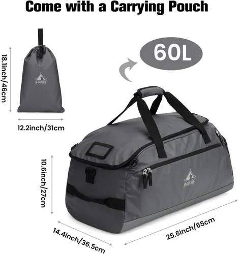 Miniatura 5 de G4Free Bolsa de gimnasio de 60 L, bolsa de lona de 3 vías con compartimento para zapatos y bolsillo húmedo para hombres y mujeres, mochila de lona