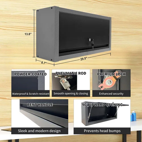 Miniatura 5 de JZD Pequeño Gabinete de Pared de Metal para Almacenamiento de Garaje con Puerta Abatible, Negro y Gris