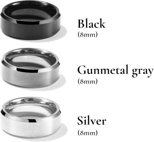 Miniatura 19 de King Will Anillo de boda de tungsteno para hombre, disponible en 15/64 a 25/64 de pulgada (6 a 10 mm), negro/plata, acabado mate, borde pulido