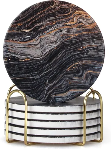 Miniatura 10 de Juego de 6 posavasos de cerámica abstractos de mármol negro con soporte para escritorio, salón, mesa de café, vino, bebidas, bar