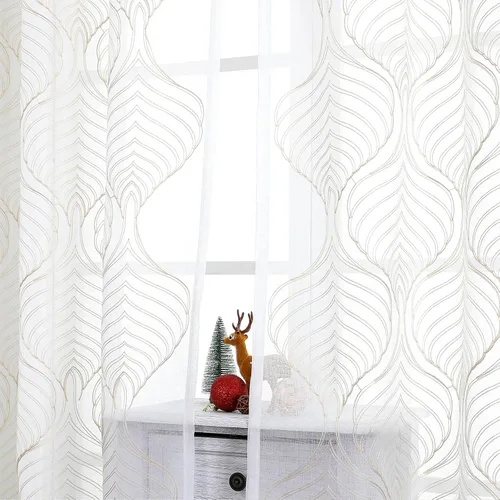 Miniatura 25 de VISIONTEX Cortinas traslúcidas blancas de 63 pulgadas de largo, juego de 2 paneles de bordado marroquí con puntos beige, tela de gasa bordada
