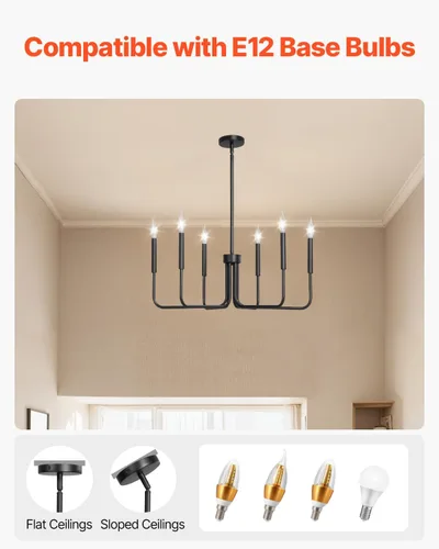 Miniatura 5 de VEVOR Candelabro de 6 Luces, Candelabro de Metal Estilo Granja, Altura Ajustable, Lámpara Colgante de Comedor para Techos, Candelabro Moderno
