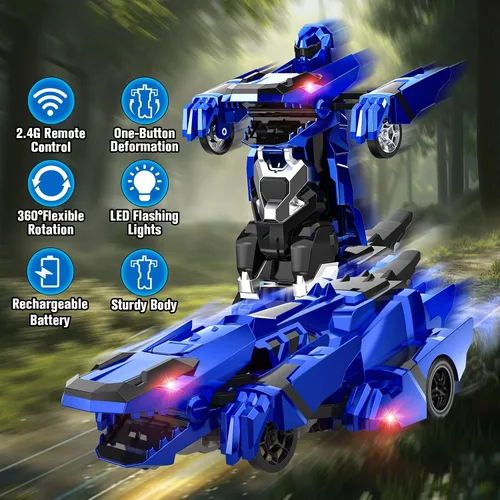 Miniatura 4 de Kroyedfuw Coches RC Transformables de Dinosaurio, Coche de Control Remoto 2.4Ghz que se Transforma en Robot con Luz Intermitente, Rotación 360°