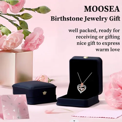 Miniatura 7 de MOOSEA Collar de mamá para mujer, collar de piedra lateral de diamante de moissanita, collar de piedra natal de corazón rosa de oro blanco de 18