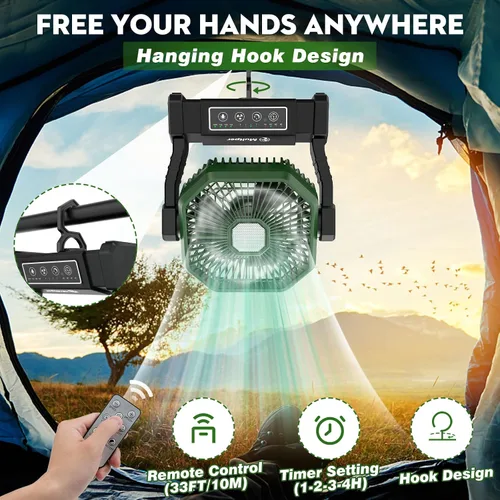 Miniatura 5 de Multper Ventilador portátil, ventilador de campamento de 20000 mAh con linterna LED y control remoto, ventilador recargable de 4 velocidades y 4