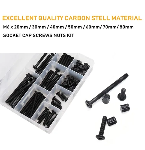 Miniatura 2 de Kit de tornillos de cuna M6, perno de conector plano negro para muebles con tuercas de barril para marcos de cama, 0.787 in - 3.150 in (5 tamaños)