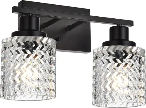 Miniatura 8 de MELUCEE Aplique de pared de 2 luces con pantalla de vidrio martillado, luces de baño de níquel cepillado sobre el espejo, accesorios de iluminación