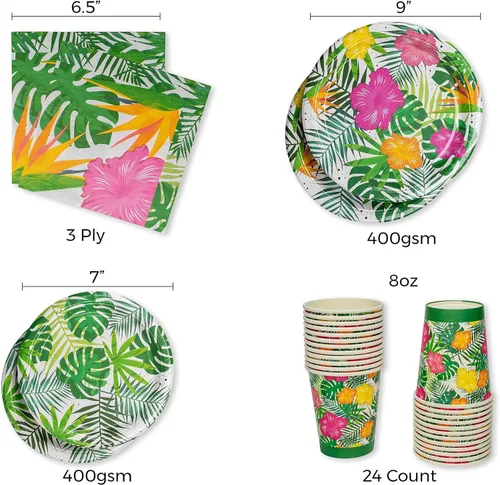Miniatura 3 de Royal Bluebonnet Luau Platos y servilletas – Juego de 24 suministros para fiestas tropicales, decoraciones de fiesta hawaiana, platos tropicales