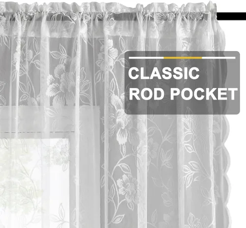 Miniatura 3 de FINECITY Cortinas de encaje blanco para dormitorio, cortinas de encaje floral con bordado vintage de hojas de 72 pulgadas de largo, cortinas