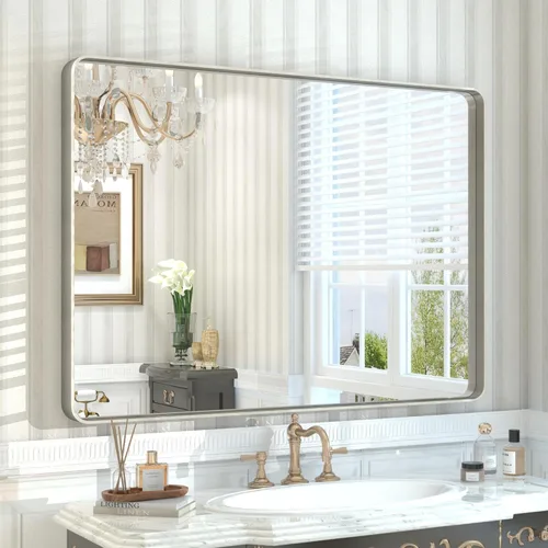 Miniatura 45 de Paquete de 2 espejos de baño con marco de metal negro de 22 x 30 pulgadas, espejo rectangular redondeado negro mate, antioxidante, se cuelga