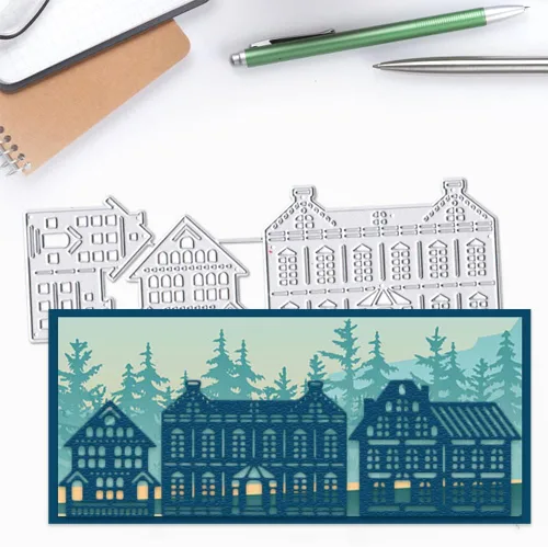 Miniatura 5 de Hying 2 troqueles de fondo de Navidad para hacer tarjetas, troqueles de corte de edificios de Navidad para álbumes de recortes, papel