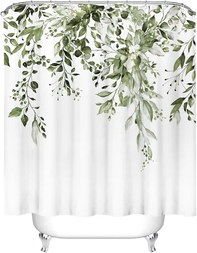 Miniatura 4 de Tititex - Juego de cortinas de regadera de eucalipto verde oliva, hojas de acuarela en la parte superior, decoración floral de baño, 72 x 78 Hojas