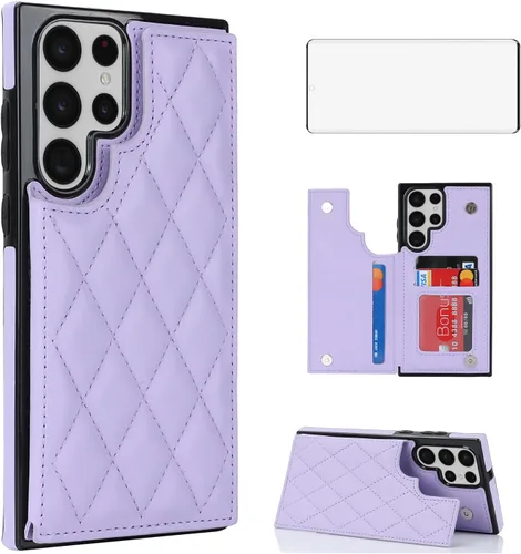Miniatura 10 de Asuwish Funda de teléfono para Samsung Galaxy S22 Ultra 5G con protector de pantalla de vidrio templado y soporte de tarjeta de crédito RFID de Oro