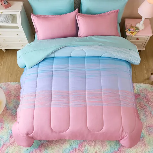 Miniatura 43 de Dinjoy Juego de edredón para niñas, tamaño individual, colorido, azul, rosa, morado, arcoíris, juego de ropa de cama de 6 piezas en una bolsa