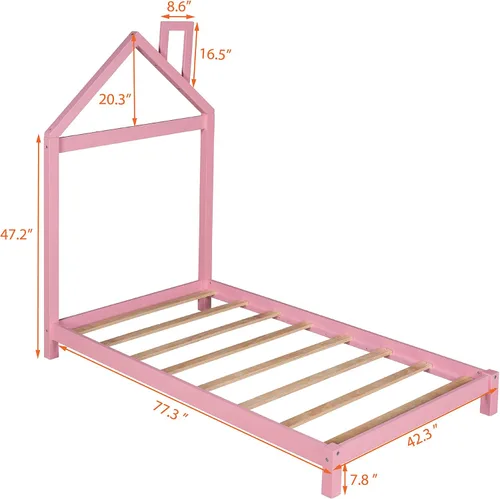 Miniatura 2 de Cama de plataforma de madera de tamaño individual con cabecera en forma de casa, plataforma única para niños y niñas, no requiere somier