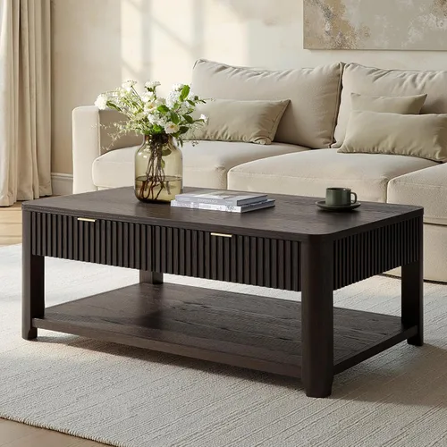HULALA HOME Mesa de centro moderna acanalada con almacenamiento, mesa de centro de chapa de roble de madera con mesa ancha, 2 cajones y estante Nogal