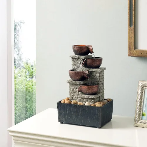 Kalona Fuente de cascada de mesa, fuente de agua interior de 4 niveles, cuenco en cascada con luces LED y rocas para decoración de oficina en casa,
