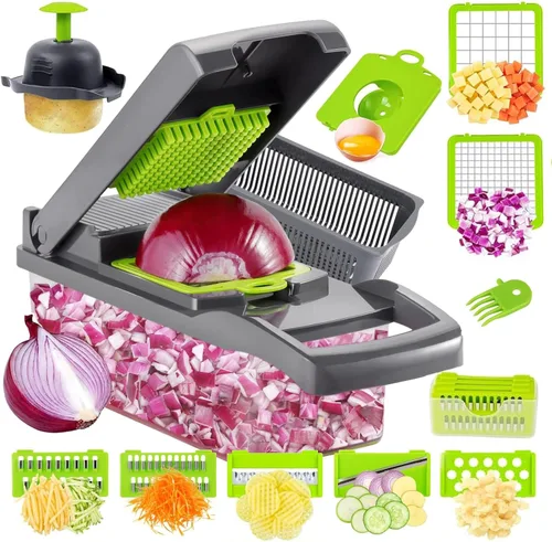 Picadora de alimentos multifuncional profesional – Cortadora de verduras 13 en 1, cortadora de cebollas, zanahorias, ajo y más, con 8 cuchillas,